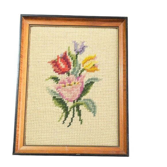 Hand-Stitched Floral Needlepoint Framed Wall Art \9x7 Cottage Farmhouse" - Picture 1 of 7